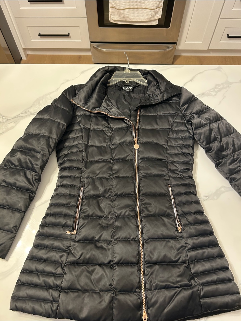 Women’s Emporio Armani EA7 Black Quilted w/ Down Long Puffer Coat. Size Med